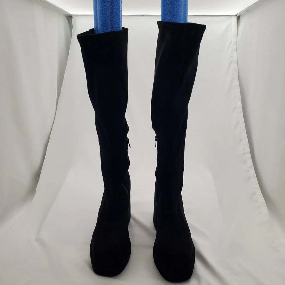 NWOT Black Faux Suede Stretch Chunky Platform Block Heel Boots | 9